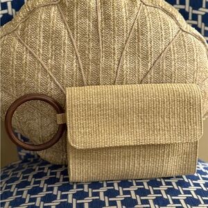 Tan Woven Clutch with Wooden Handle
